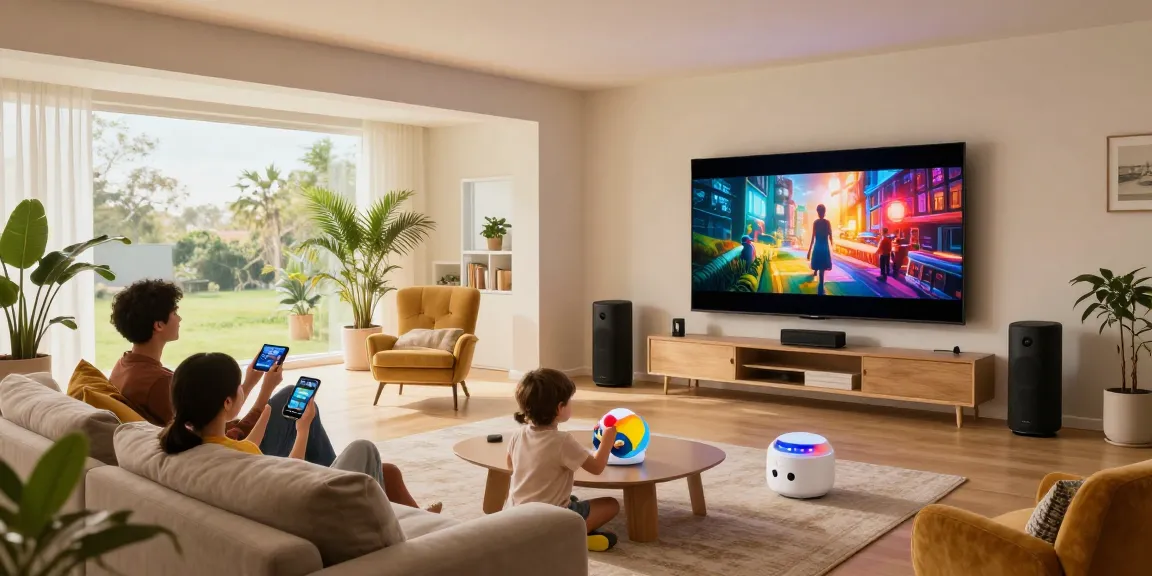 IKEA smart home integrated into a cozy family living room with smart lighting and screens.