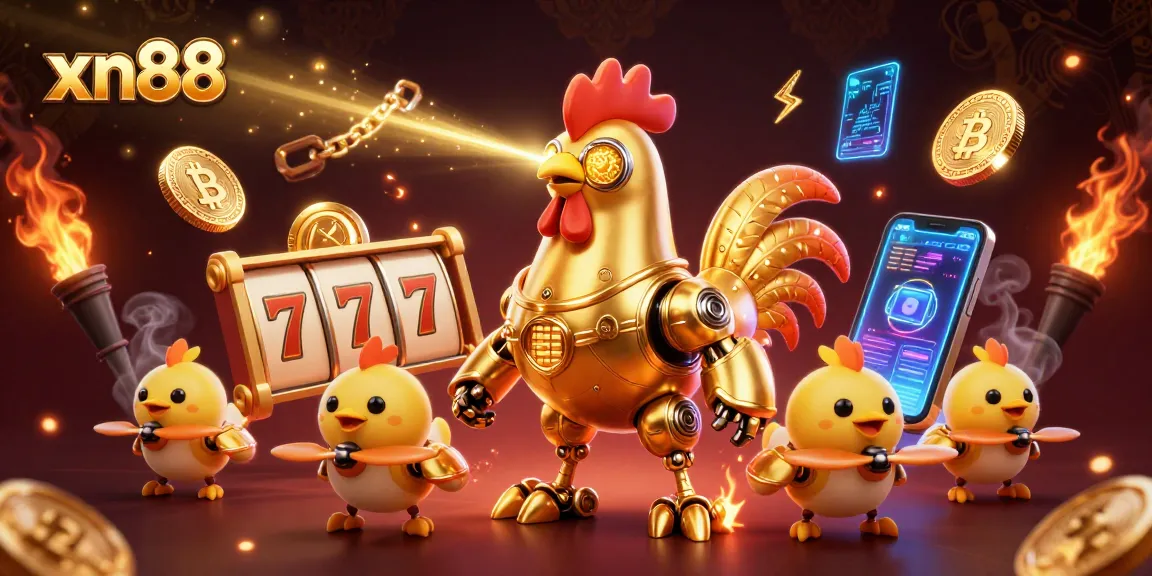 xn88 game with a golden rooster robot and baby chick drones showcasing exciting slots and crypto elements