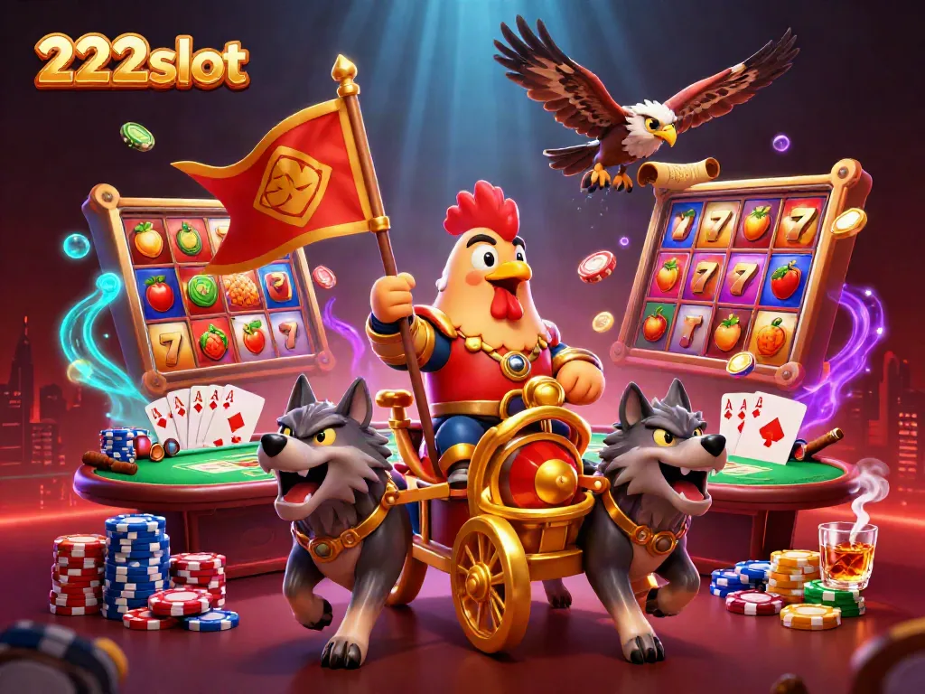 Rasakan keseruan slot online 222slot dengan chariot perang yang megah dan simbol buah yang mengelilinginya.