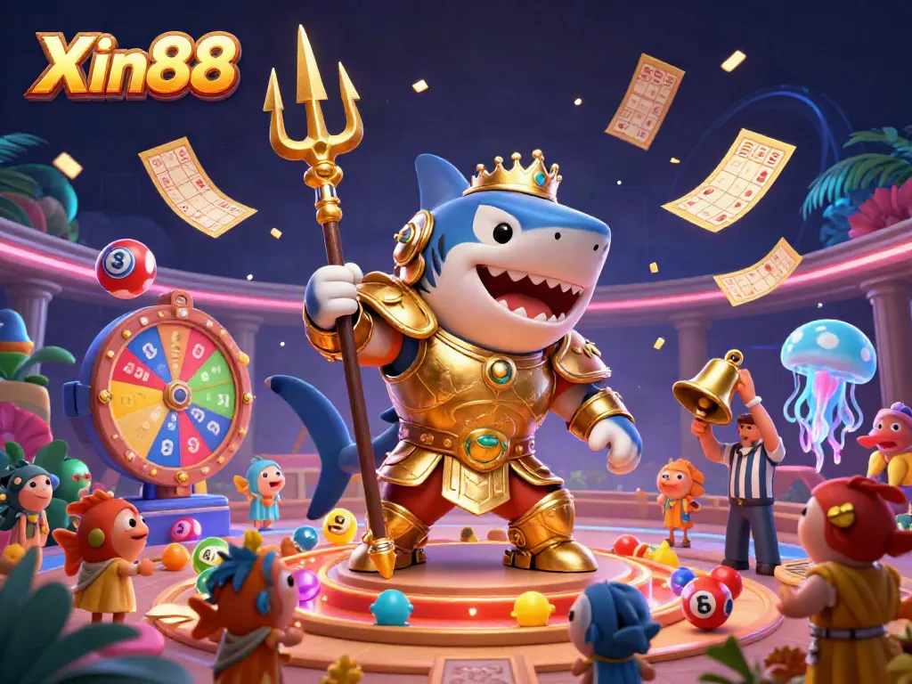 Experience the excitement of Xin88's dynamic gaming world with a fierce golden gladiator shark amidst colorful lottery elements.