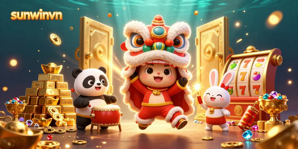 Engage in thrilling gameplay with sunwinvn's dazzling 3D lion dance and slot machine scene.
