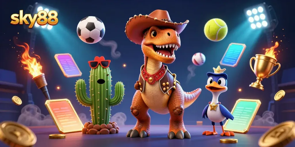 Experience thrilling action with sky88 as the T-Rex cowboy, cactus, and roadrunner engage in vibrant casino sports.