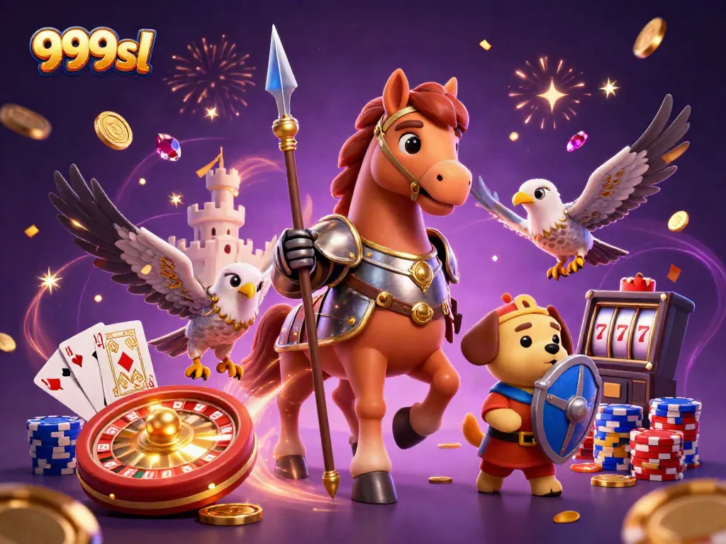 Experience thrilling gameplay with 999sl's medieval-themed 3D casino characters amidst golden coins and vibrant slots.