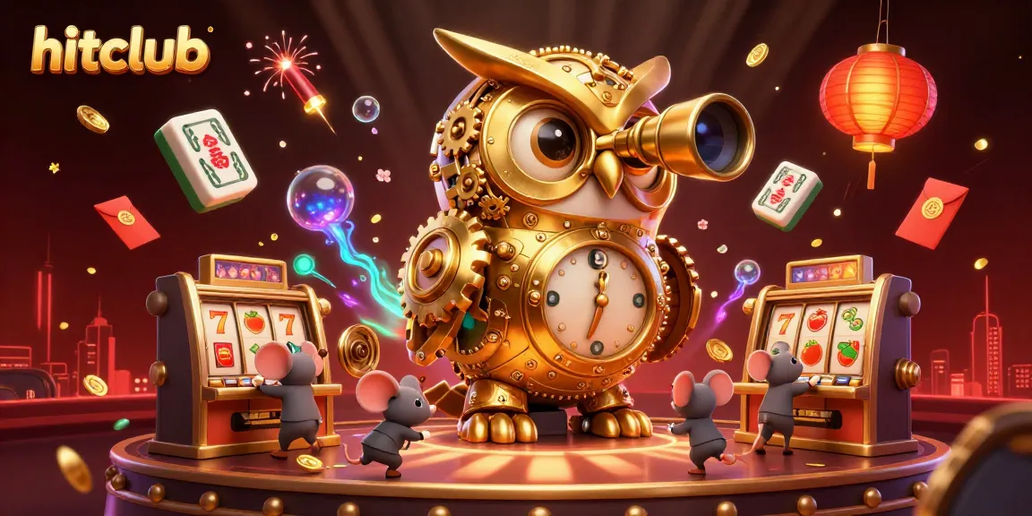 Hitclub gameplay showcasing a vibrant casino scene with a golden owl and wind-up mice amidst slot machines.