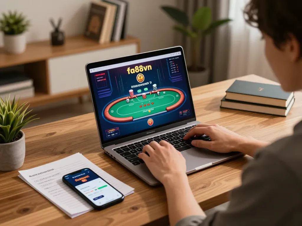 Engaged player strategizing on fa88vn platform in a cozy home gaming setup.