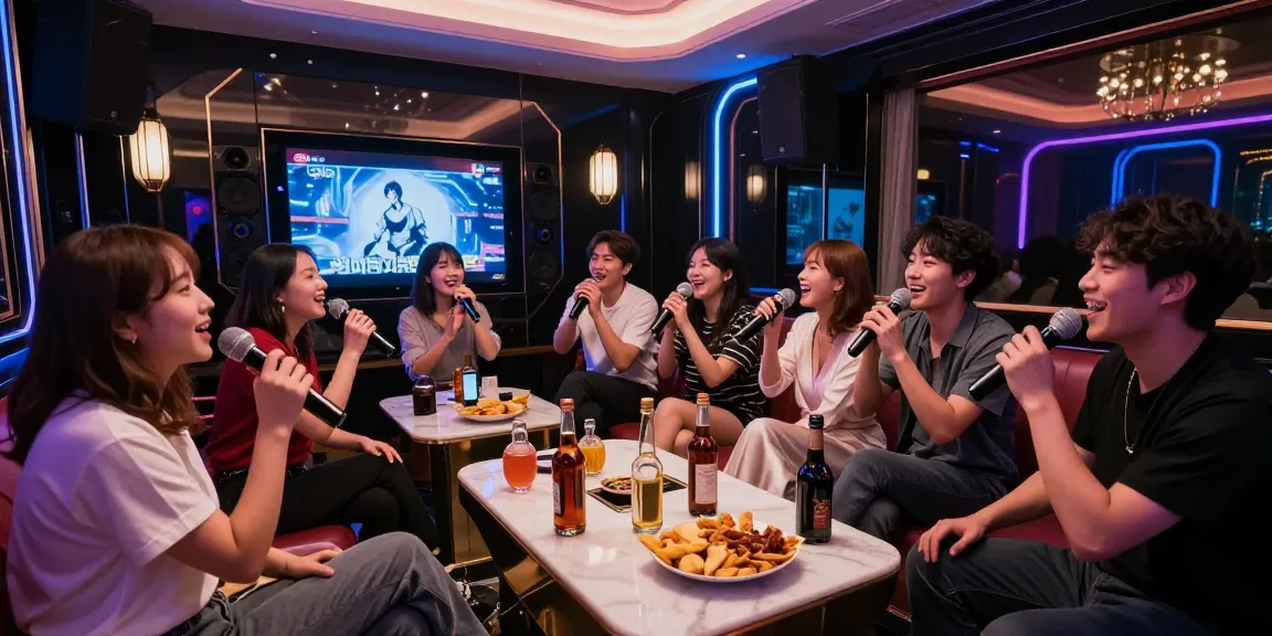 Experience the vibrant atmosphere at 강남가라오케 with friends enjoying premium services and entertainment.