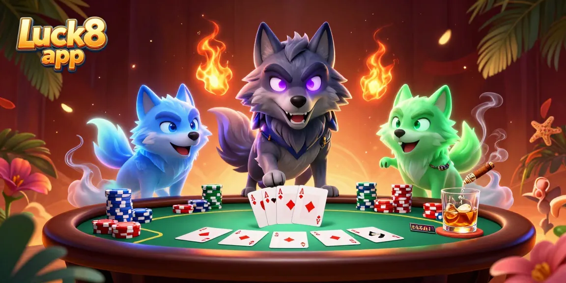 Experience the thrill with the Luck8 app at a dynamic poker table with ghostly wolves.