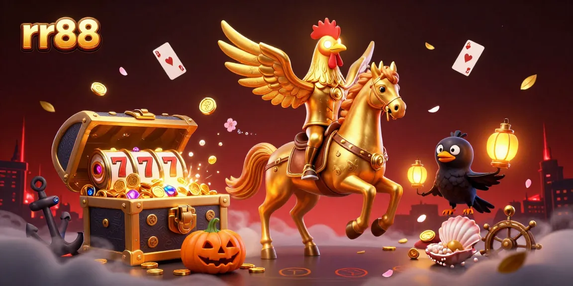 Spin the slots and win big at rr88 with the golden rooster in a dynamic casino scene.