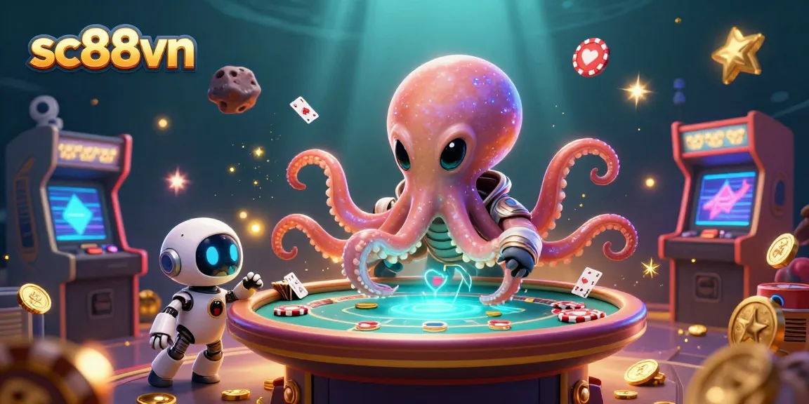 Experience the thrilling gameplay of sc88vn, featuring an alien octopus in a space suit at a holographic poker table amidst vibrant arcade elements.