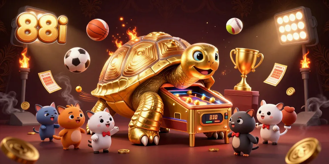 Exciting scene of 88i's golden tortoise pinball machine attracting players with vibrant sports elements.