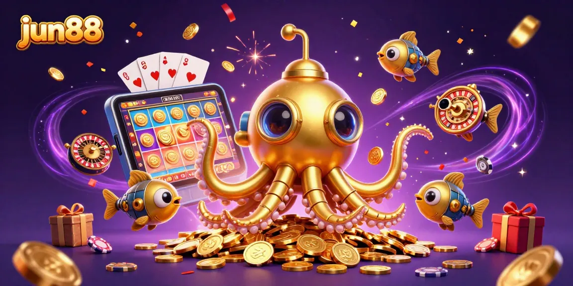 Experience the thrill of jun88 with a vibrant scene of a golden kraken submarine amidst slot games and coins.