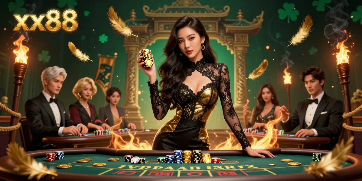 Experience high-stakes gambling at xx88 with a glamorous baccarat scene featuring stunning visuals and golden elements.