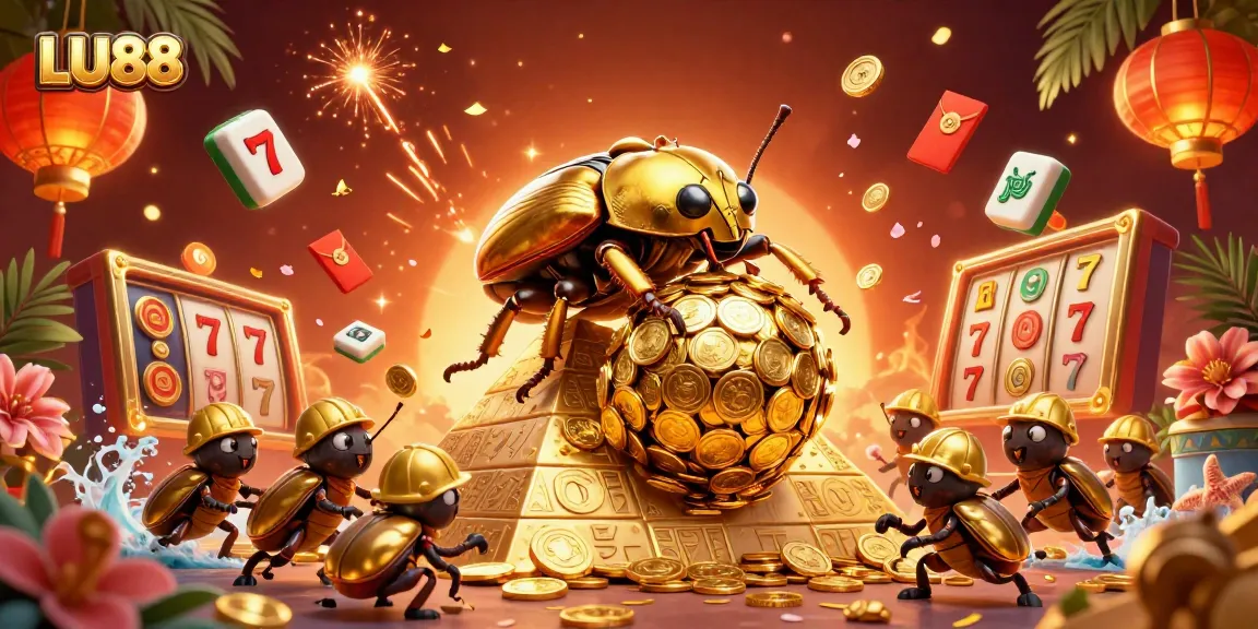 Engage with LU88's vibrant casino experience featuring golden beetles, jackpots, and festive decorations.