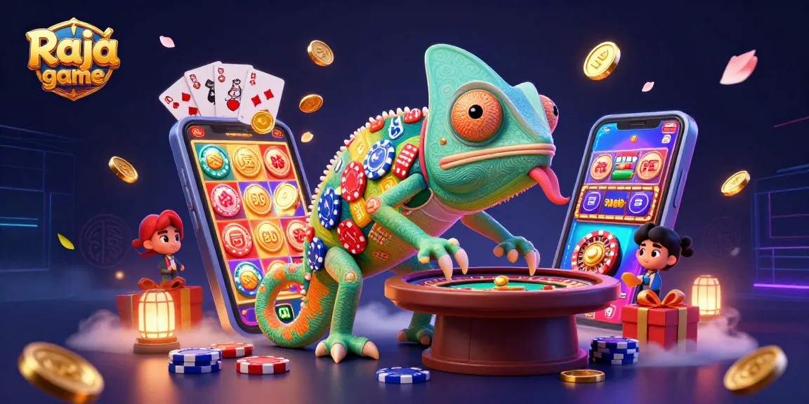 Engage with the thrilling Raja game while colorful coins and cards swirl around the enchanted chameleon.