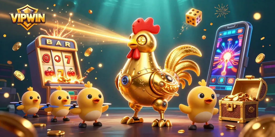VIPWIN showcases a golden rooster robot amidst jackpot chaos in a vibrant casino scene.