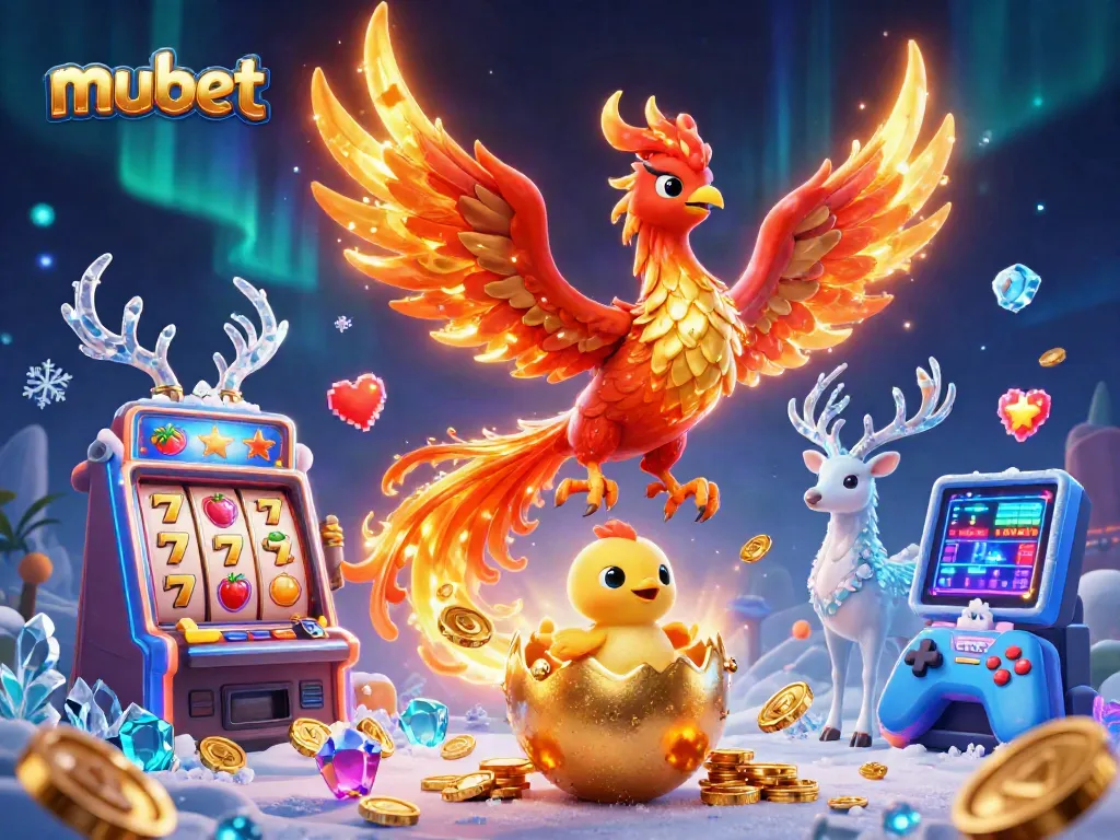 Experience the thrilling world of mubet casino with vibrant 3D graphics featuring a phoenix and slot machines.