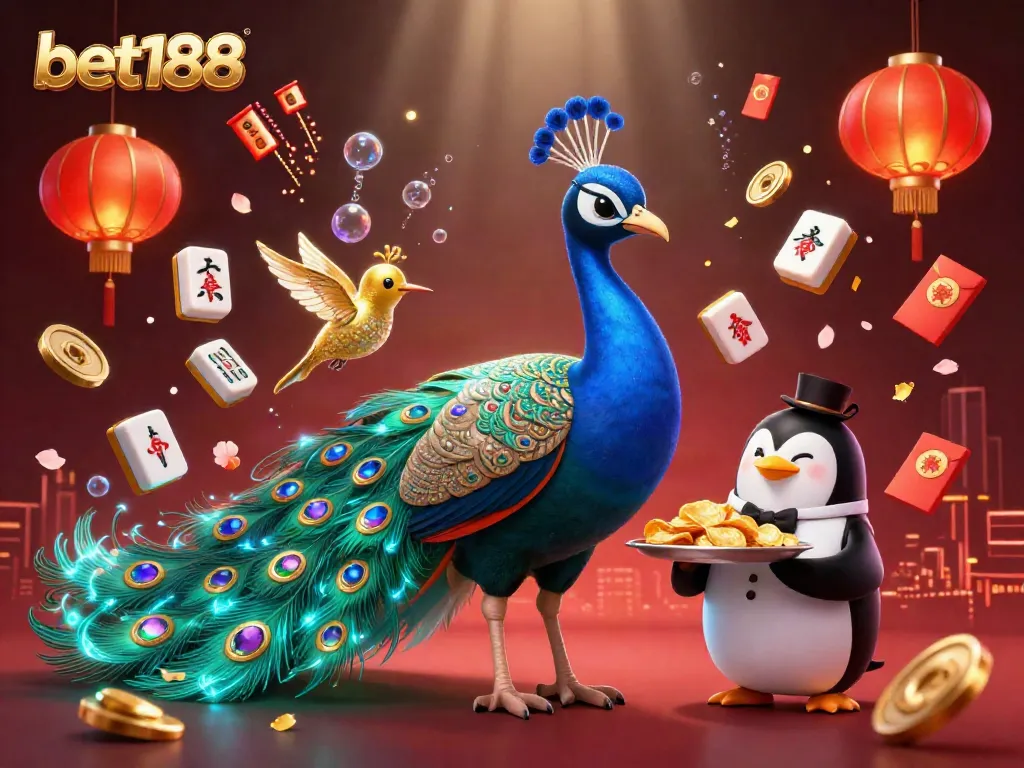 Engage in vibrant gaming with bet188, featuring a stunning peacock and lively casino elements dance around.
