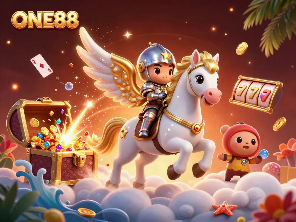 Engage in magical gameplay with ONE88’s energetic 3D scene showcasing vibrant casino elements and adventures.