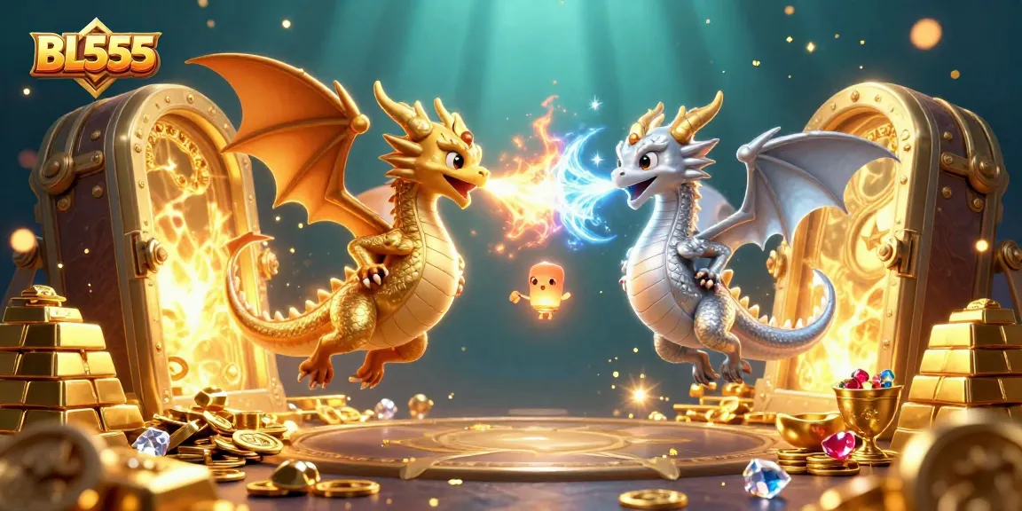 Experience the thrill of winning with BL555 as fierce dragons guard a treasure-filled casino scene.