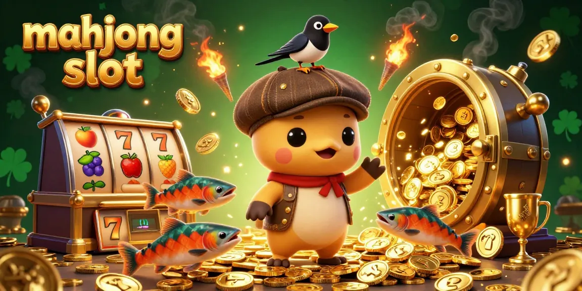 Spin to win on mahjong slot with cute characters and dazzling treasures in a vibrant casino scene.