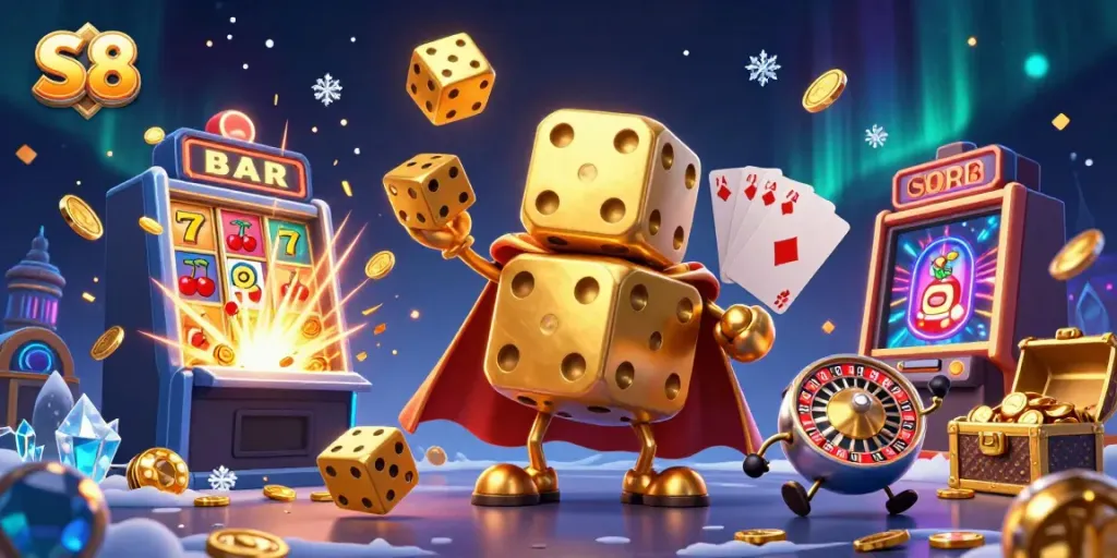 Experience the thrill at S8 with a golden dice golem juggling golden dice amidst a jackpot explosion.