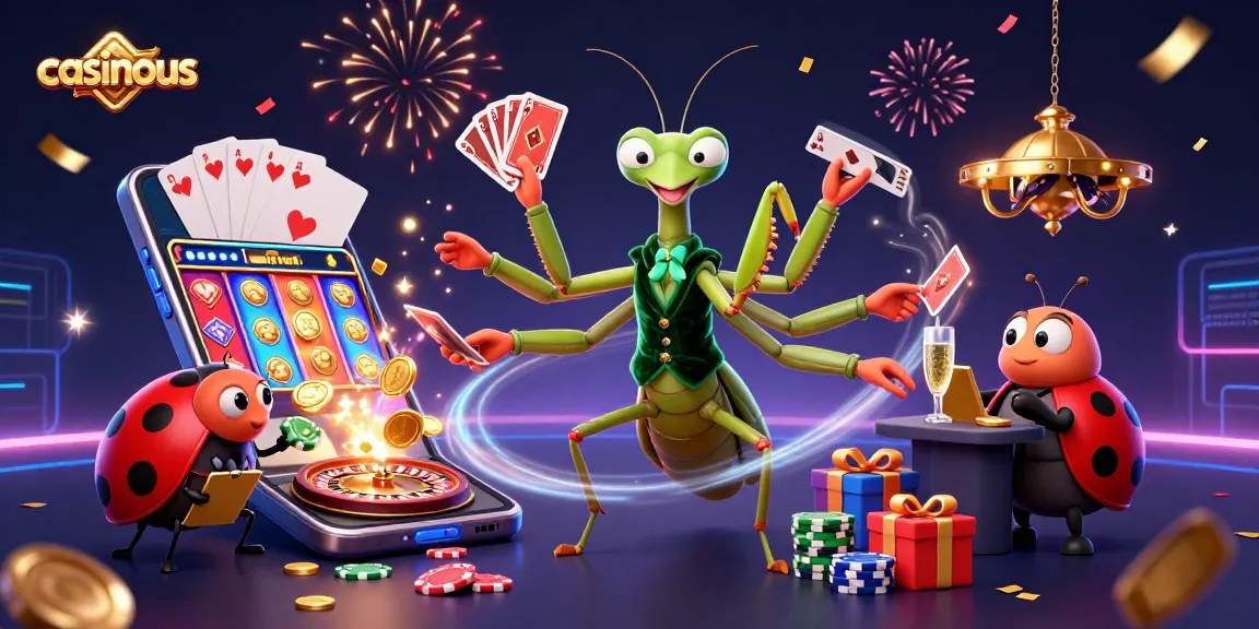 casinous cartoon casino scene with a mantis card sharp and ladybug pit boss celebrating with games.