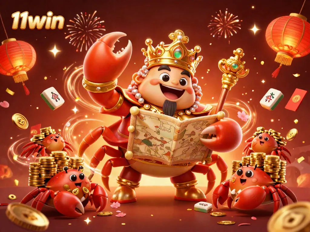 Engage in thrilling gameplay with 11win, featuring a majestic crab emperor amidst festive casino elements.
