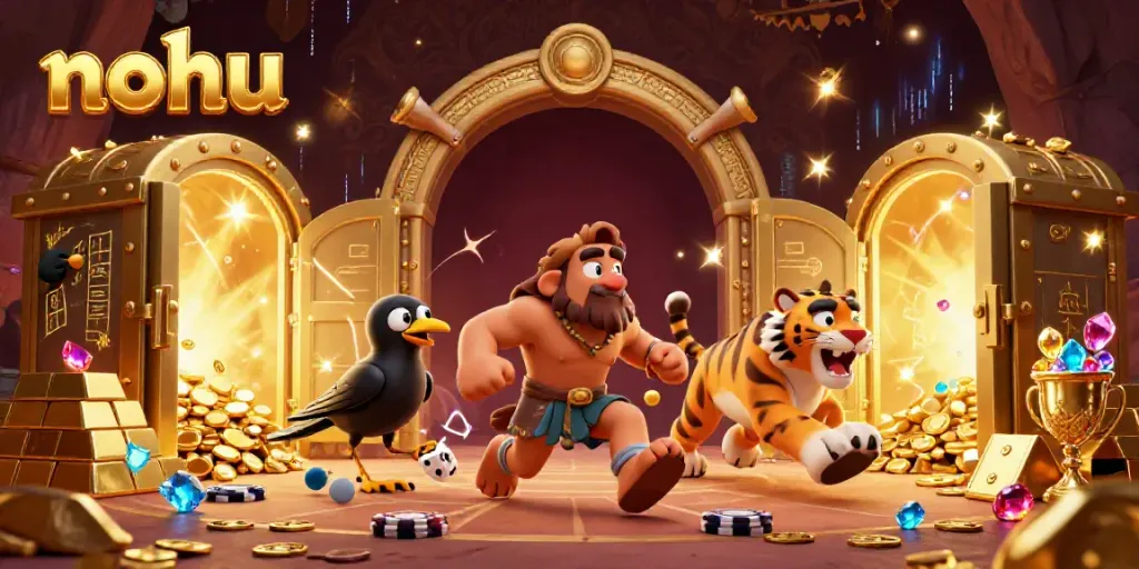 NoHu-themed casino illustration with cartoon caveman, sabertooth tiger, and crow amidst golden gems and dynamic effects.