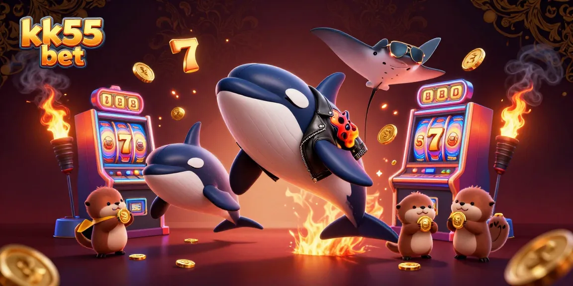 Engage in exciting gaming with kk55 bet, featuring vibrant characters amidst colorful slot machines.