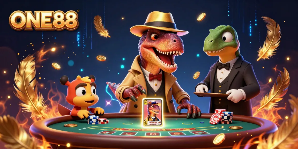 ONE88 casino scene with a velociraptor card counter, stegosaurus pit boss, and a compy, capturing the excitement of gambling.