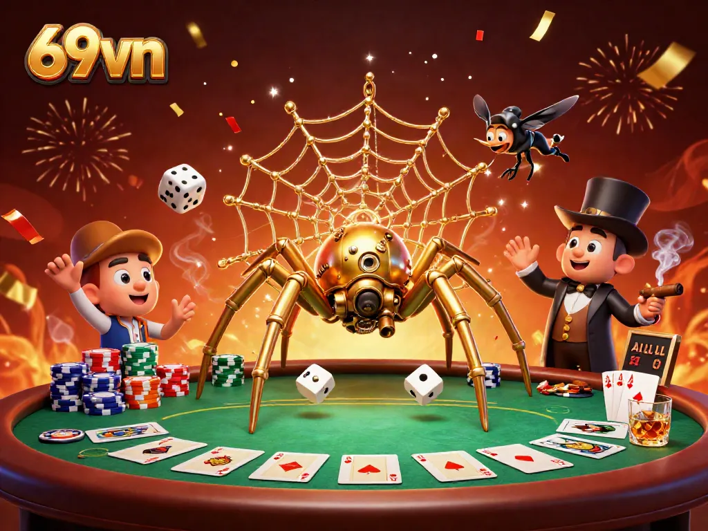 Engage in thrilling games with 69vn's unique steampunk casino web design featuring poker and dice.