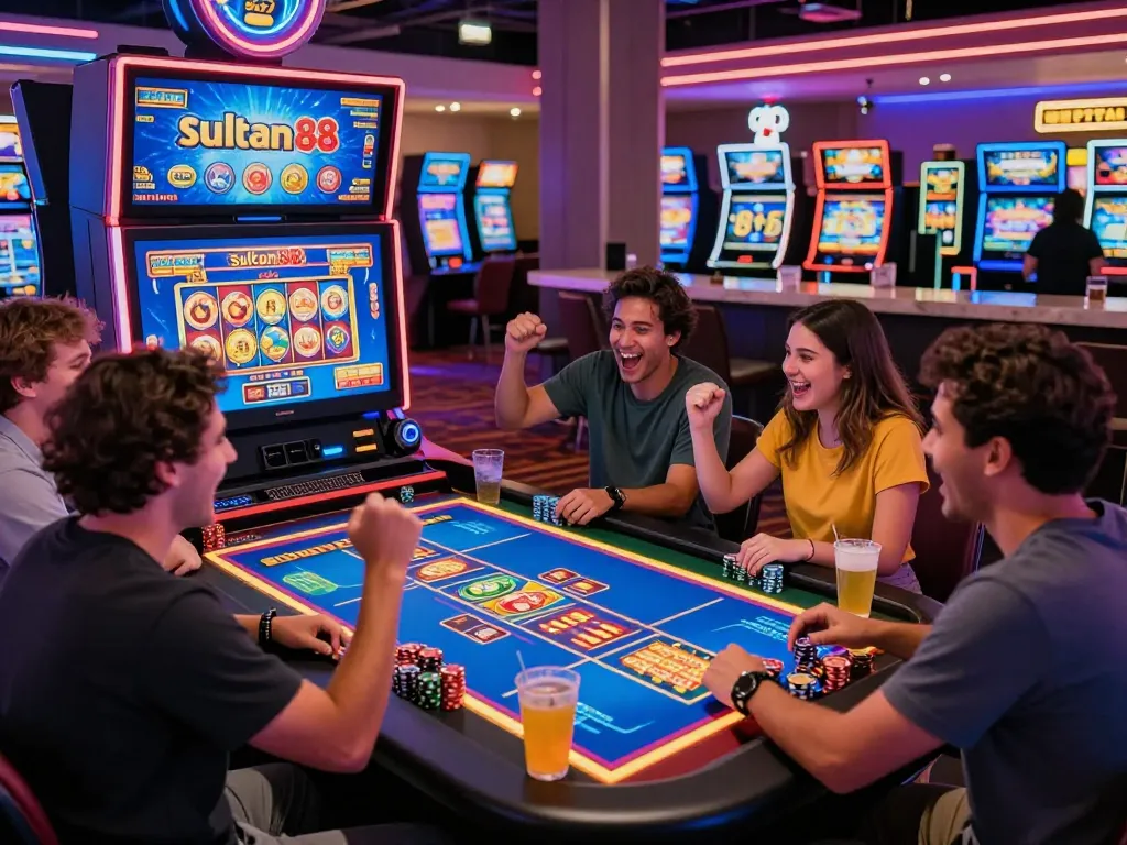 Engaging casino gaming scene with friends enjoying sultan88 slots, colorful environment, dynamic atmosphere.