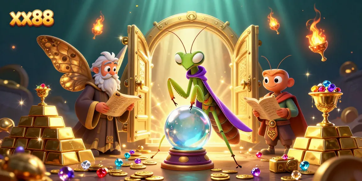Explore winning strategies at xx88 with a vibrant illustration of fortune tellers and treasure.