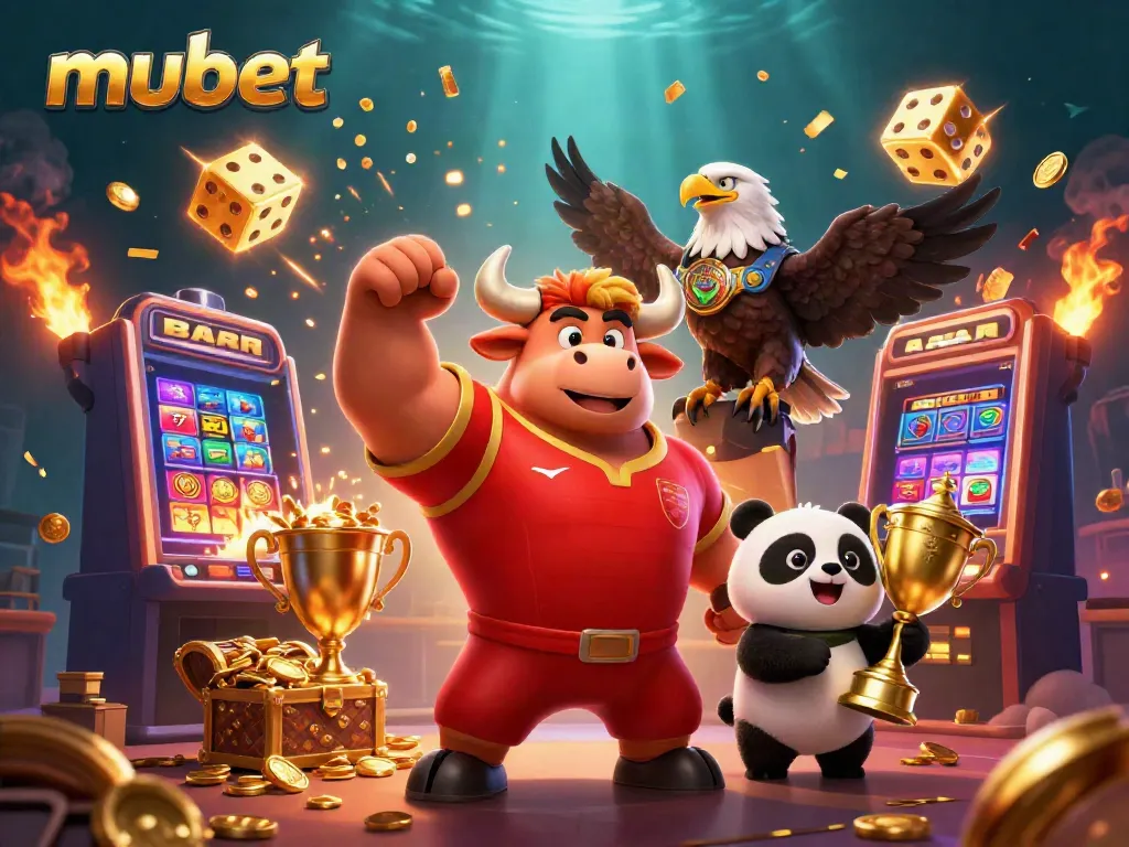 Celebrate winning with mubet's vibrant casino-themed illustration featuring a bull mascot, eagle, and panda.