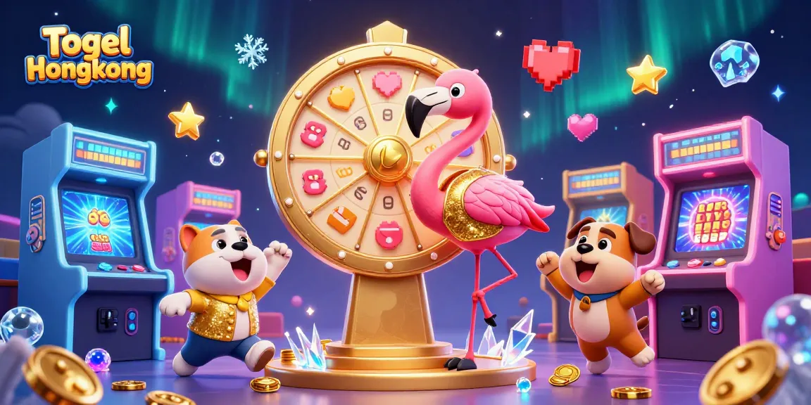 Experience thrilling Togel Hongkong gaming with a vibrant prize wheel and animated characters capturing excitement.