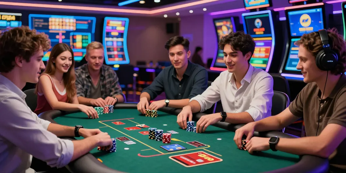 Exciting gameplay at credit card casinos with diverse players, vibrant lights, and gaming options.