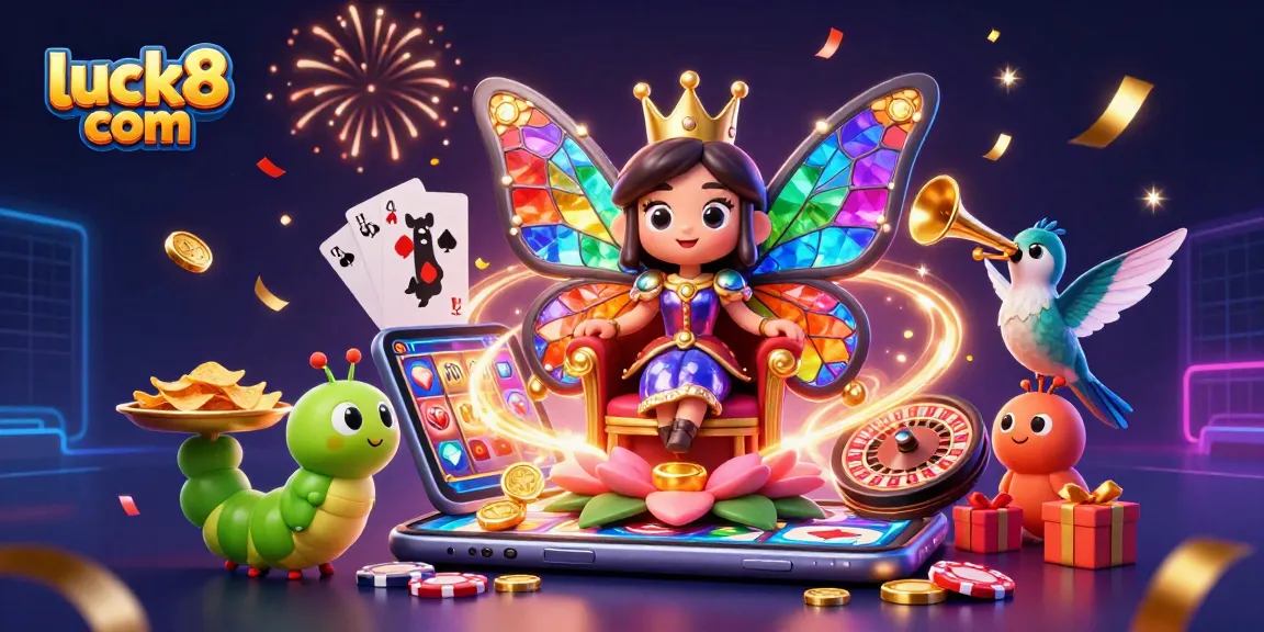 Engage in vibrant gaming excitement with luck8 com's colorful casino world featuring a butterfly queen.