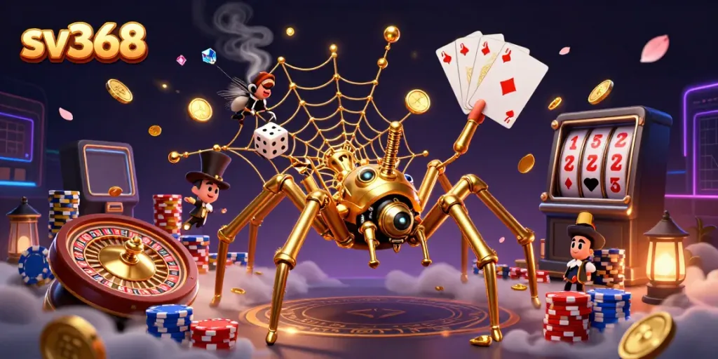Experience the thrill of sv368 with a vibrant casino scene featuring a golden spider and playful elements.