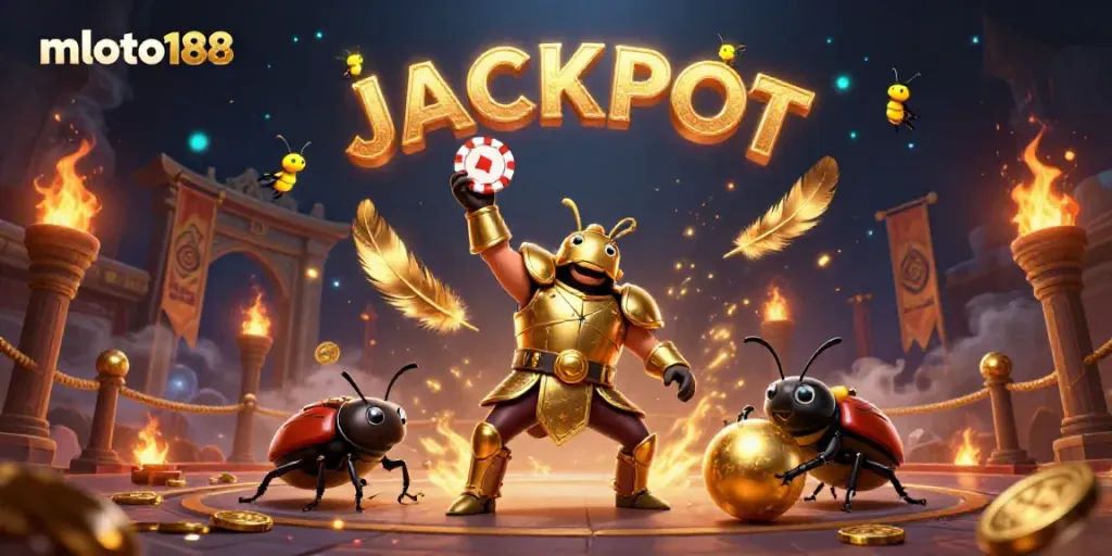 Experience thrills at mloto188 with vibrant 3D characters celebrating a jackpot win in a casino atmosphere.