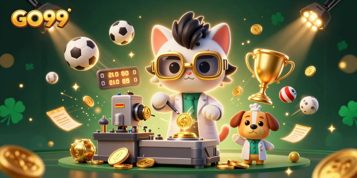 Engage with GO99 through dynamic sports betting, featuring an energetic 3D scene with gold coins and trophies.