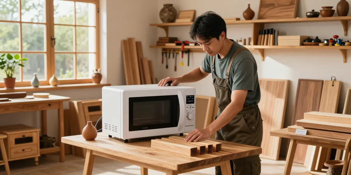 Shashel device in action, eliminating woodworms in a cozy workshop with warm lighting.