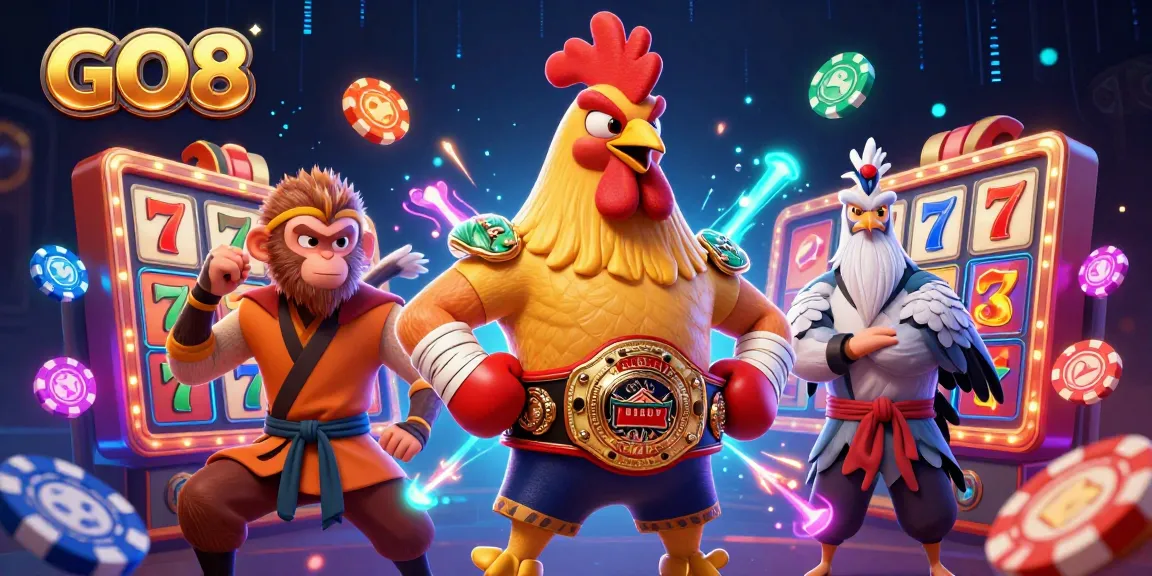 Engage with thrilling GO8 slot games featuring exciting characters in a vibrant casino atmosphere.