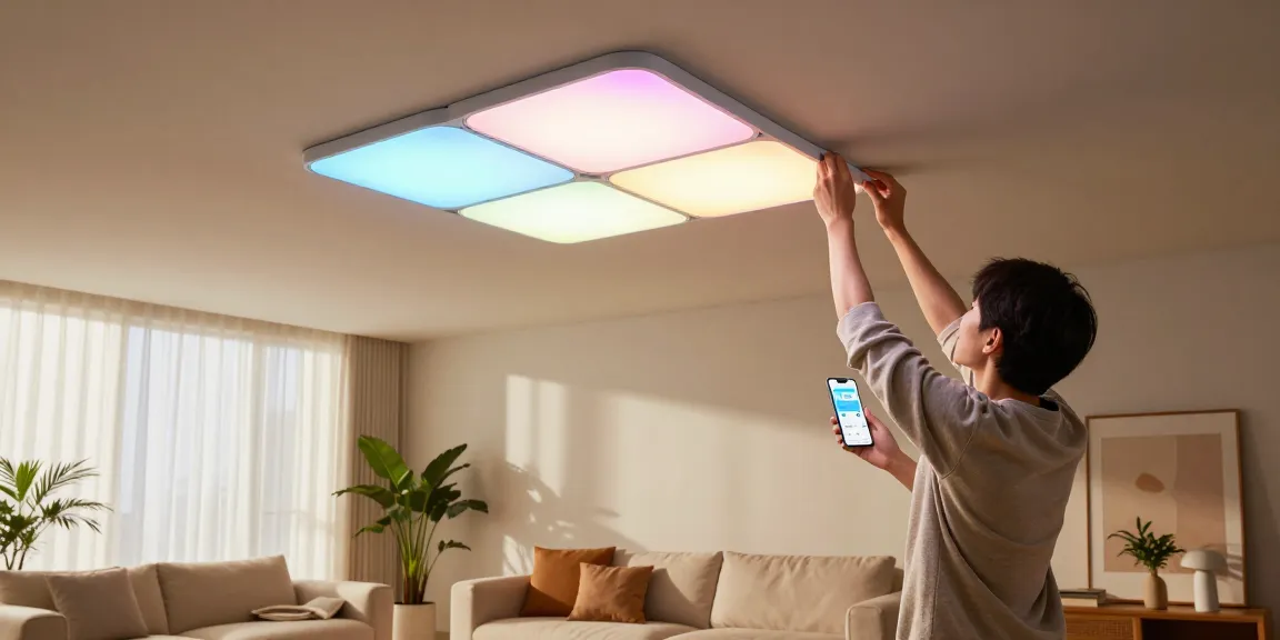 Nanoleaf Skylight Test installation in a modern living room, showcasing vibrant lighting and modular ceiling design.