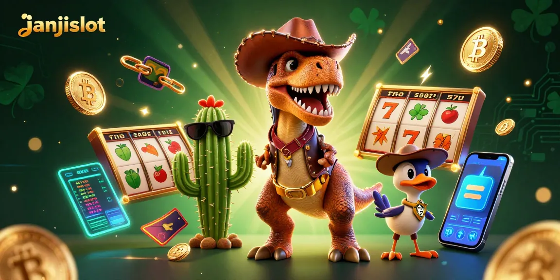 Engage with exciting janjislot gameplay featuring a T-Rex cowboy and vibrant casino elements.