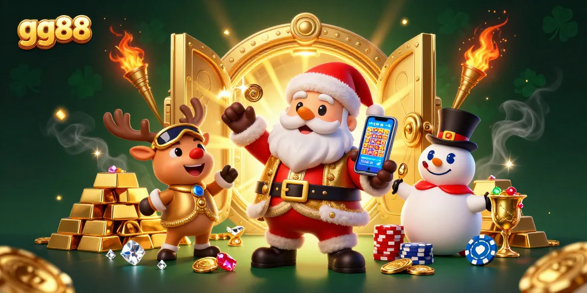 Experience excitement with gg88 as Santa and friends showcase jackpot slots in a vibrant casino setting.