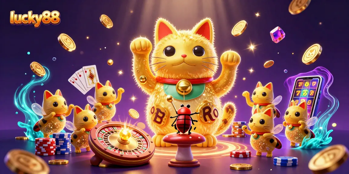 Engage with lucky88 through a captivating 3D illustration of a golden lucky cat amidst casino symbols.