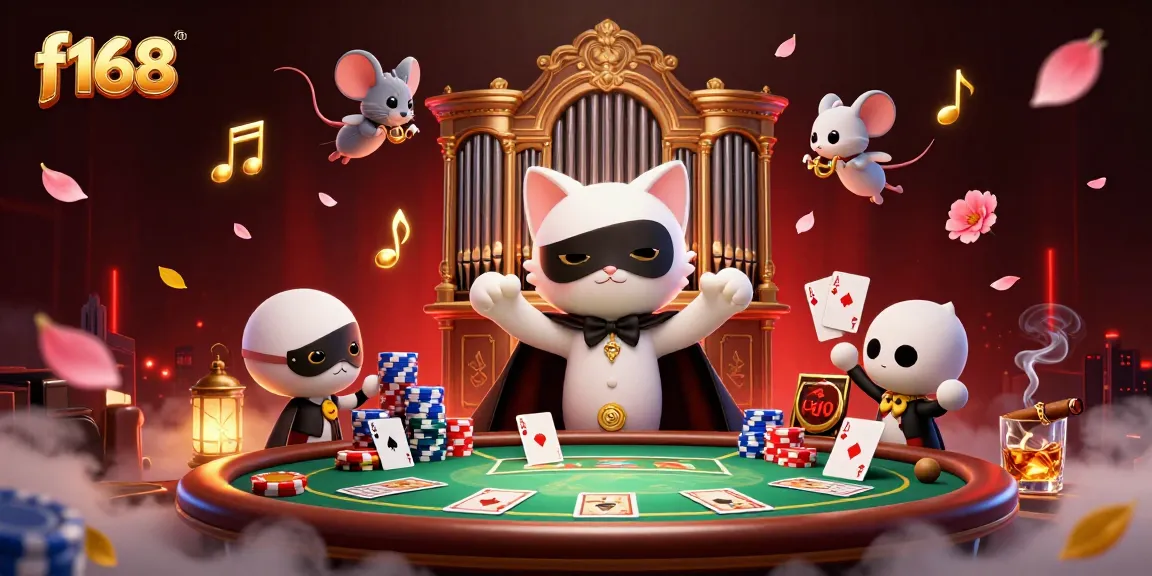 Explore thrilling poker moments at f168, featuring a whimsical cat and acrobat in a vibrant casino scene.