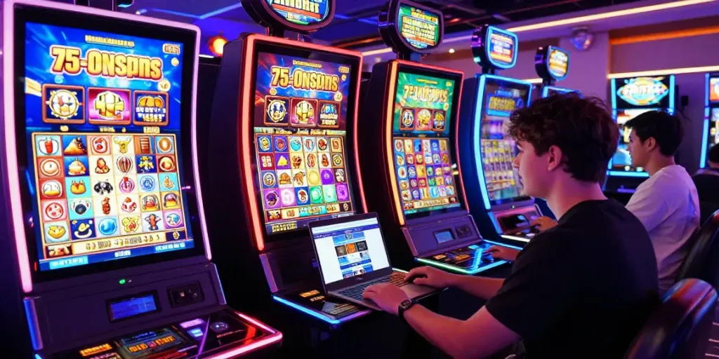 Exciting gameplay at i24Slots Casino featuring vibrant slot machines and free spins offers.