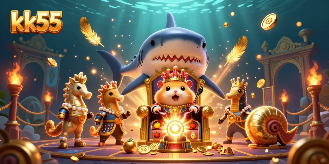 kk55 showcases an exciting underwater gambling scene with a golden hamster king and vibrant slot elements.