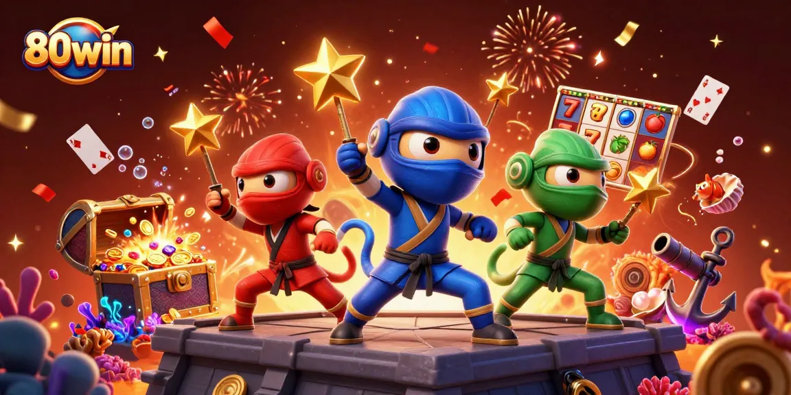 Experience the excitement of 80win with a ninja chameleon team in a vibrant casino scene.
